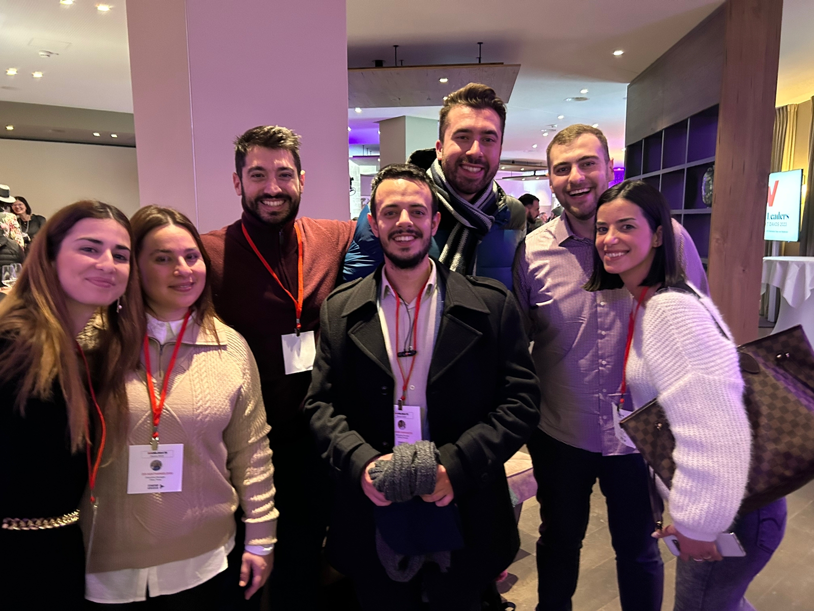 A team photo of the first greek delegation at Davos, during the World Economic Forum. This is Olympia Kokka, Zoi Agathangelidou, Thanos Paraschos, John Harhantis, Dimitris Papadopoulos, Kostas Zavoudakis, Eva Antza.
